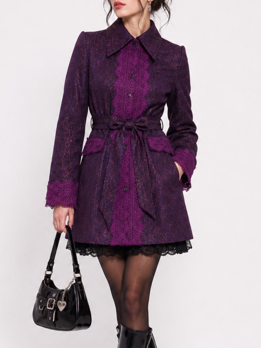 Bisou Bisou Vintage Y2K Purple Metallic Lace Trench-Style Jacket